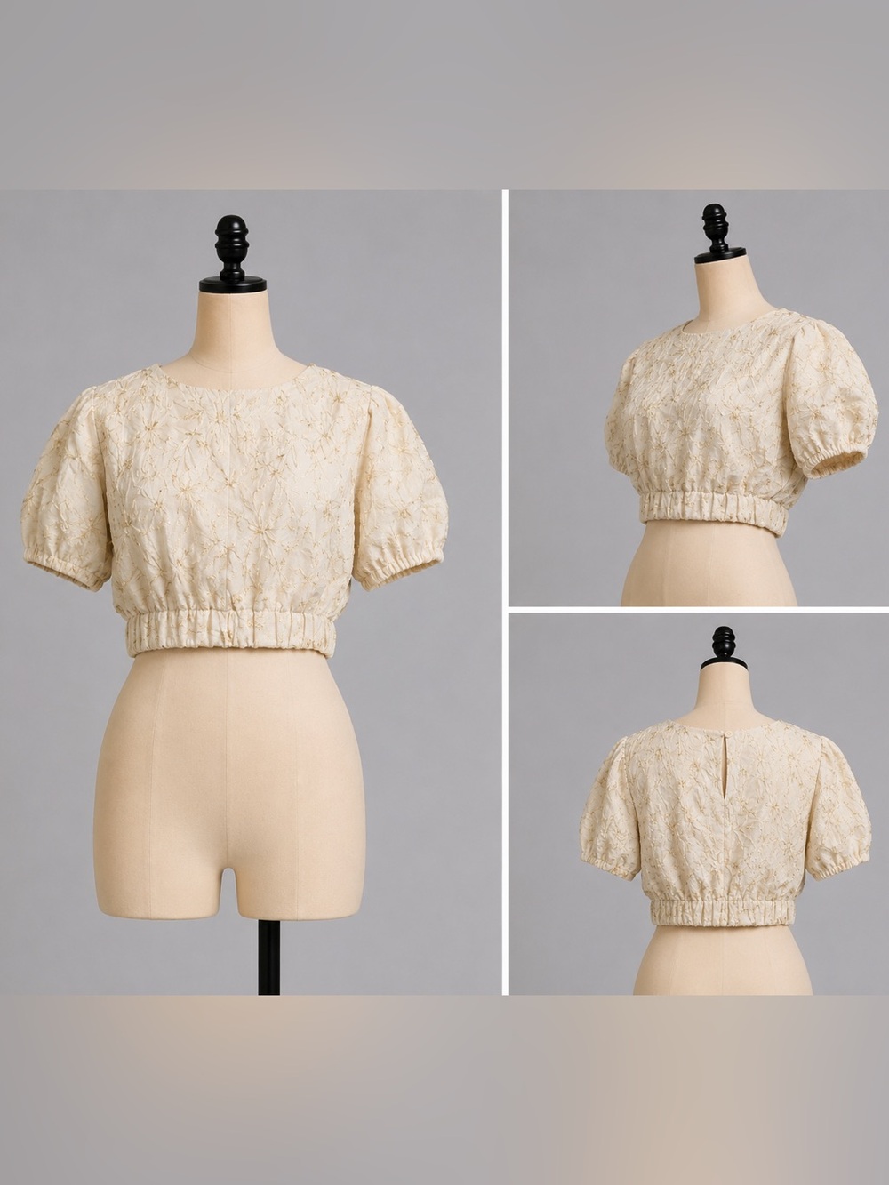 Self contrast embroidered puff sleeve crop top